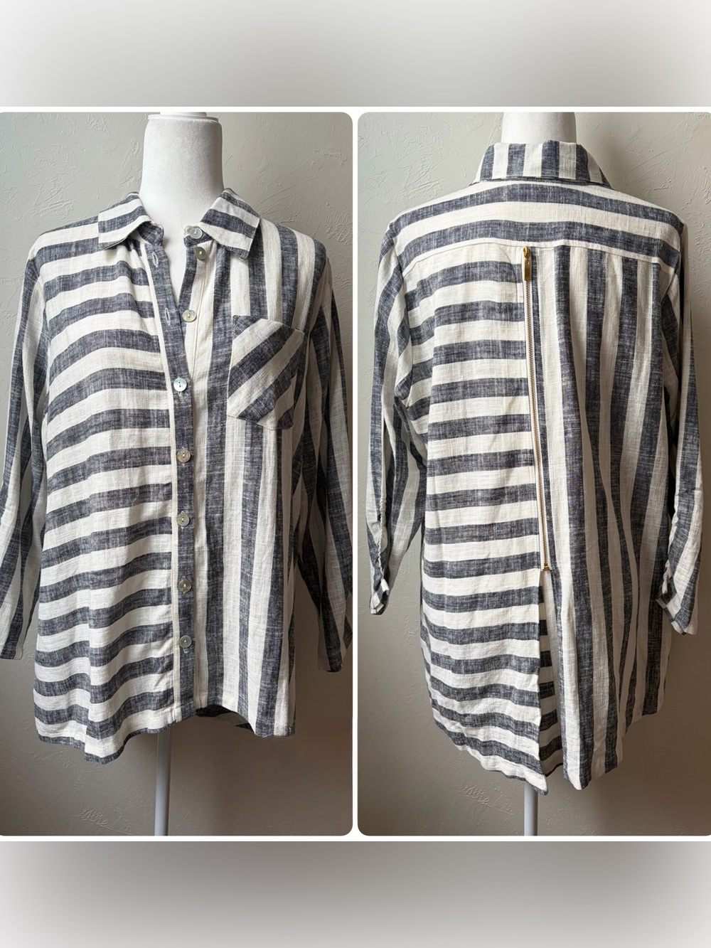 Soft Surroundings Charcoal Gray Ivory Striped Linen Blend Button Shirt PL
